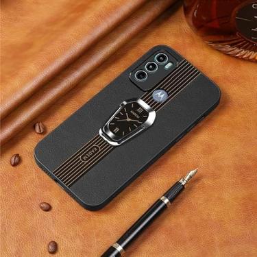 Imagem de Capa para Moto G60 Capinha Business Deluxe Leather Phone Soft Case com suporte magnético invisível para anel de dedo Capa para telefone em couro resistente a quedas - Preto