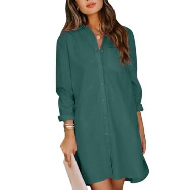 Imagem de YKR Vestido feminino com botões, túnica de algodão, manga comprida, estilo boyfriend, camisas com bolsos, Verde, M