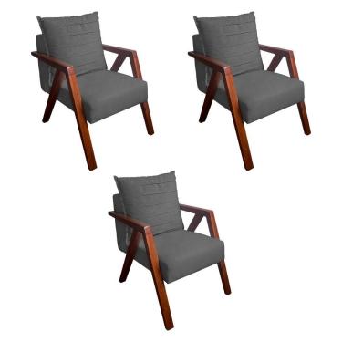 Imagem de Kit 3 Poltronas Monalisa Decorativa Mona Pés de Madeira Maciça Suede Cinza