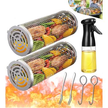 Imagem de Cestas de grelhar com rodinhas para churrasqueira ao ar livre, tubo de rede para churrasco, grandes chaves circulares para vegetais, acessórios de cesta de cozinha de topo plano de carvão para cestos