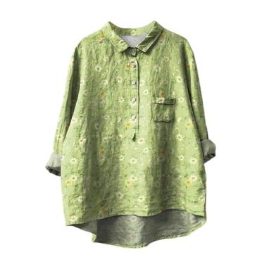 Imagem de Camiseta feminina de linho, gola lapela, botão, manga comprida, blusas elegantes estampadas com flores, blusas soltas, casuais, Verde, G