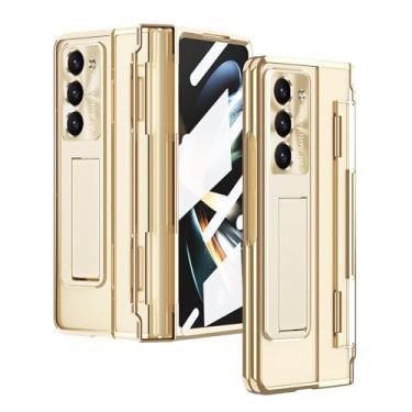 Imagem de POYUFRG Capa galvanizada para Samsung Galaxy Z Fold 6, proteção total de dobradiça de lente de metal, suporte invisível HD transparente à prova de choque, dourado
