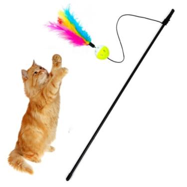 Imagem de Varinha para gatos Brinquedo Interativo Vara pra Gato Sisal Colorida Penas Plumas Varios Modelos (Elástico Penas e Bolinha Guizo (50 cm))