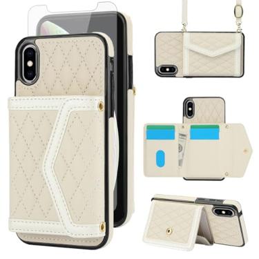 Imagem de Asuwish Capa de celular para iPhone Xs Max carteira com protetor de tela de vidro temperado com bloqueio de RFID, alça transversal i X XR Xsmax 10x SX Xmax 10xs 10s 10 Plus Xmaxs Women Off White