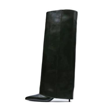 Imagem de Goolita Botas femininas de salto agulha na altura do joelho, bico fino, sem fecho, dobrável, para mulheres, de couro, botas sociais confortáveis, Za-preto, 40