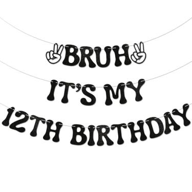 Imagem de Bruh Faixa It's My 12th Birthday - Decoração de festa de aniversário para menino, placa de festa de menino adolescente, bandeira engraçada de 12 anos Bruh com glitter preto