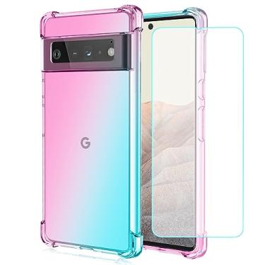 Imagem de Ueokeird Capinha de Celular para Google Pixel 6 com Protetor de Tela de Vidro Temperado, Capa Protetora de TPU Fina Antiarranhões à Prova de Choque (RosaVerde)