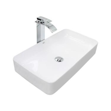 Imagem de Kit Cuba Pia Louça Cerâmica Banheiro C/Torn e Vál Cromada 55 - Smart N