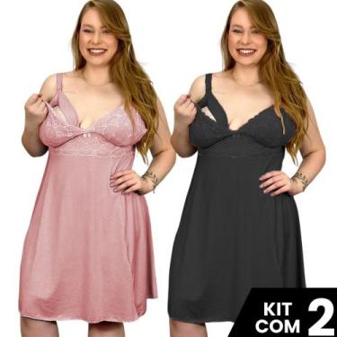 Imagem de Kit 2 Camisolas  Plus Size  Amamentação Renda Pós Parto Lisa Maternida