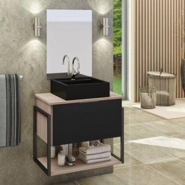 Imagem de Kit Gabinete Banheiro Industrial TECH 60cm Madeirado/ Preto (gabinete 