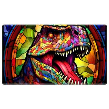 Imagem de EDGFRTOIO Playmat 24" x 14" Game Mats Tabletop Magic for MTG/TCG Cards, Trading Card Game Playing Stitched Play Mats Commander Deck Gaming Desk Mat Card Gameplay Mats, Stained Glass Retro T-Rex