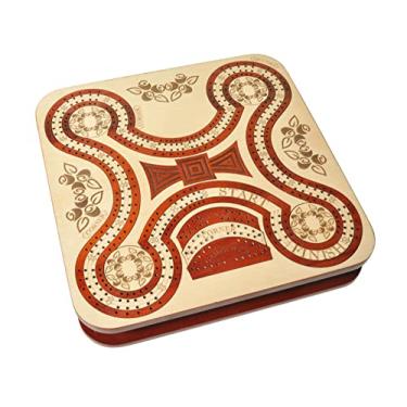 Imagem de PALM ROYAL HANDICRAFTS Continuous 4 Track Wooden Cribbage Board - Four Player Cribbage - Alphabet X Track Cribbage Board - 2 Decks of Cards and pegs Available (11x11 Inches).