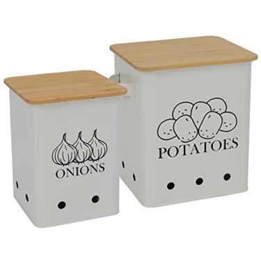 Imagem de Conjunto de 2 latas de armazenamento de vegetais para batatas, cebola, com tampa de madeira, cesto de alho, prateleira longa, branco