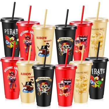 Imagem de Uiifan 12 peças de copos de festa pirata a granel 680 g copos de plástico de caveira ossos cruzados com tampas, canudos, copo de plástico reutilizável para Halloween, Natal, aniversário,