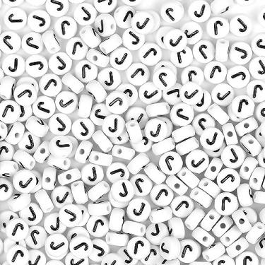 Imagem de Auvoua 300 peças de contas de letra J 4 x 7 mm contas brancas do alfabeto acrílico forma redonda contas soltas para nome pulseiras colares chaveiros faça você mesmo fabricação de joias (J)