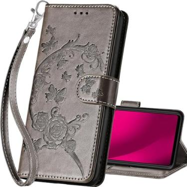 Imagem de SASYMALY Capa carteira T-Mobile Revvl 7 Pro 5G, capa flip com suporte para mulheres e homens, capa de telefone de couro PU adequada para T-Mobile Revvl 7 Pro 5G [flor cinza]