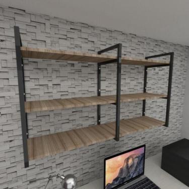 Imagem de Prateleira industrial para escritório aço cor preto mdf 30 cm cor amad