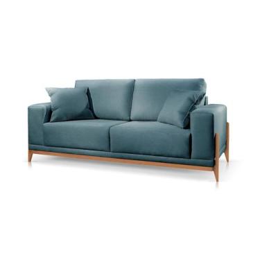 Imagem de Sofá 3 e 4 Lugares Almofada Solta Base Madeira Linho Azul Bella 2,30m 