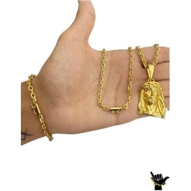 Imagem de Corrente Cadeado 3mm + Pulseira + Pingente - Banhado a Ouro - ToJoia18