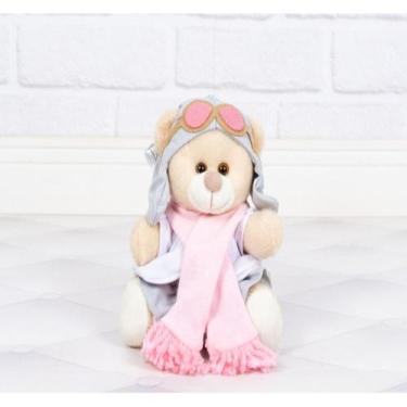 Imagem de URSO AVIADOR CLASSICO TEDDE 12 cm - CKD CONFECCOES, Branco cinza e ros