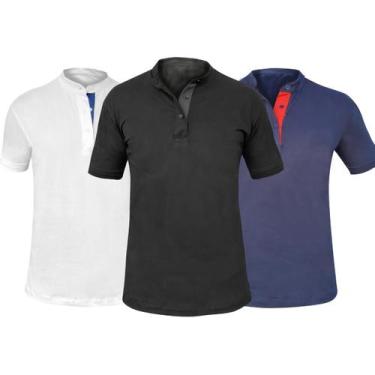 Imagem de Kit 3 Camisas Gola Padre Masculina Slim - MT Clothing, GG, Branco, Azu