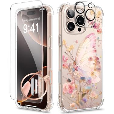 Imagem de GVIEWIN Capa para iPhone 16 Pro 6,3'' com protetor de tela e Protetor lente câmera [não amarela] Capa de telefone feminina floral fina à prova de choque com flor transparente, Borboleta mágica