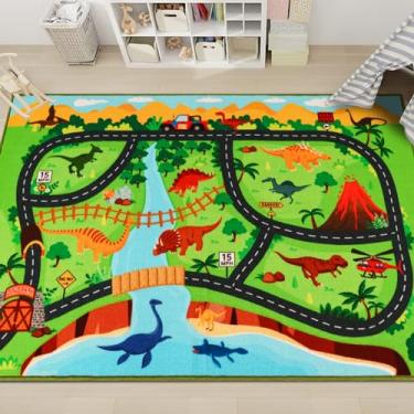Imagem de Tapete infantil para crianças, 140 x 100 cm, dinossauro, carro, carro, antiderrapante, dino, safári, mapa de estrada para crianças, para sala de jogos, quarto, meninos, tapete para crianças, tapete de