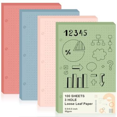 Imagem de 100 folhas de papel quadriculado de meia letra com 3 furos, 13 x 20 cm, papel de folha solta para mini fichário, papel milimetrado colorido pontilhado, refis de papel pontilhado a granel para