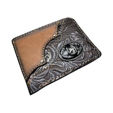 Imagem de Western Stakes Carteira de couro Bi Fold Cavalo Ferradura Concho Marrom Floral Camadas Couro Rodeio Estilo Cowboy Feito à Mão Carteiras Masculinas de Alta Qualidade Presentes de Couro para Homens,