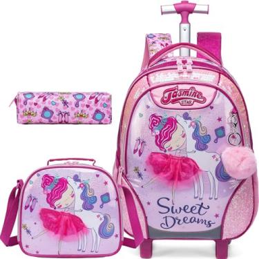 Imagem de Meetbelify Rolling Backpack for Girls Backpacks with Wheels for Elementary Preschool Students 3 in 1 Carry on Travel Luggage Kids Suitcase with Lunch Box Pencil Case for Girls Age 8-10