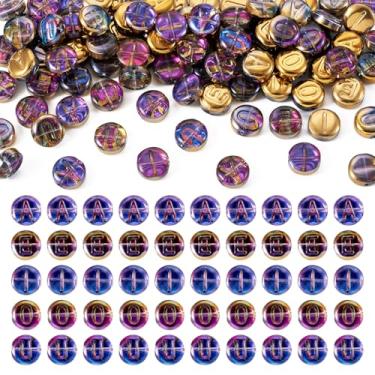 Imagem de FASHEWELRY 100 peças de contas de vidro arco-íris 10 x 5 mm contas de letras vogais galvanizadas contas do alfabeto contas de letra inicial AEIOU para pulseira da amizade, colar, brinco, fabricação de