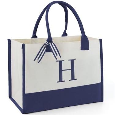 Imagem de BeeGreen Sacola com monograma bordado com inicial para mulheres, professora, mãe, amiga, presente personalizado para aniversário, praia, trabalho, casamento, Natural com azul marinho, Large