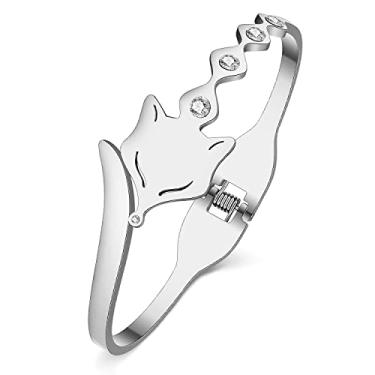 Imagem de DALANE Pulseira de aço inoxidável prata banhada a ouro 18 K com strass para gatos, presentes para mulheres, meninas, acessórios de joias (raposa banhada a prata), 20mm x 65mm, Aço inoxidável, Cristal
