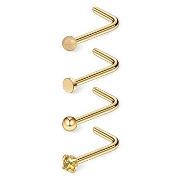 Imagem de Anéis de nariz Ruifan 20 G em aço cirúrgico em forma de L com argola labial Tragus para nariz e piercings em forma de L com bola plana coração estrela lua CZ 4-22 peças