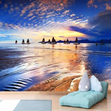 Imagem de Lcythiazole Céu azul HD, nuvens brancas, pôr do sol, veleiro, praia, oceano mural de papel de parede adequado para sala de estar, quarto, banheiro, tamanho personalizável, descasque e cole