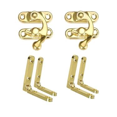 Imagem de WANLIAN Mini dobradiças antigas de caixa dourada de 90 graus e 2 conjuntos de ferrolho de gancho direito de liga de zinco dourado com parafusos para caixa de joias de madeira (conjunto com 2