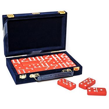 Imagem de Bello Games New York, Inc. Fashion Avenue Designer Double Six Red Professional Jumbo Size Tournament Dominoes Set with Spinners in a Blue Velour Case