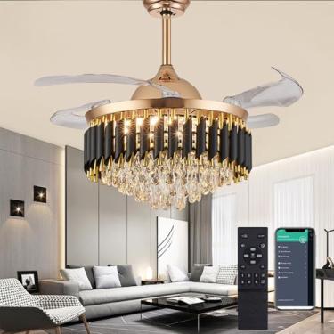 Imagem de YOLIZUOT Ventiladores De Teto De Lustre Dourado De 36" Com Luzes Ventilador De Teto De Cristal Ventiladores De Teto De Led Com Luzes E Controle Remoto Ventilador De Lâmina Retrátil Ventiladores De T
