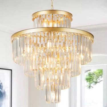 Imagem de CATINER Lustre De Cristal Dourado Moderno 15 Luzes 24" Luminária Redonda Luxo 5 Camadas K9 Cristais Lustre Contemporâneo Iluminação Pendente Para Sala De Jantar Sala De Estar Hall Cozinha