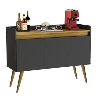 Imagem de Aparador Sala Retrô Pés Palito Em Madeira Maciça - Venezza 3 Portas - Cor: Preto Com Madeirado - Lojas K7