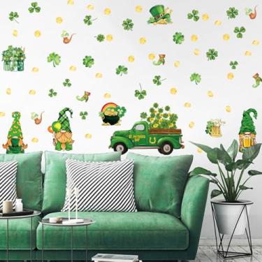 Imagem de FWIEXA Adesivos de parede do Dia de São Patrício, decalques de parede de trevo da sorte, decorações de duende fofas, moedas douradas, trevo verde, carro, cerveja, adesivos, mural para festa, irlandês,