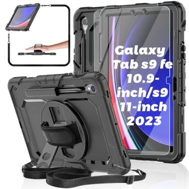 Imagem de BASE MALL Capa para tablet Samsung Galaxy Tab S10 FE/S9 FE/S9 10,9/11 polegadas 2023 [com protetor de tela de vidro temperado], suporte giratório, suporte para caneta S, alça de mão/ombro (preto)