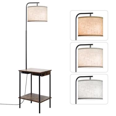 Imagem de EOEYYOYB Luminária de chão com mesa e gavetas, luminária de mesa de canto com porta de carregamento USB, tomada e prateleiras, luz de leitura de mesa lateral com lâmpada LED de 3 temperaturas de cores