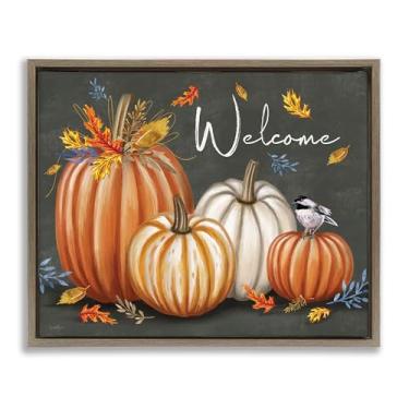 Imagem de Stupell Industries Arte de parede em tela emoldurada Welcome with Autumnal Pumpkins Brown Floater por Elizabeth Tyndall, 53 x 43 cm