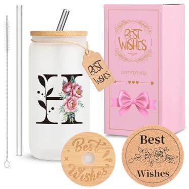 Imagem de HWJH Copo de vidro inicial personalizado para mulheres - copo de vidro à prova de vazamento de 473 ml com tampa e canudos, conjunto de presente monogramado, copo reutilizável fosco fosco para café,