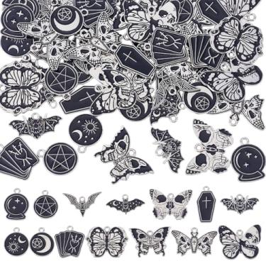 Imagem de HOBBIESAY 56 peças, 14 estilos, pingentes góticos, de liga preta, berloques de Halloween, borboleta, estrela, lua, sol, cruz, pingentes, para pulseira, colar, brinco, joias, orifício: 1,8-2 mm, Liga,