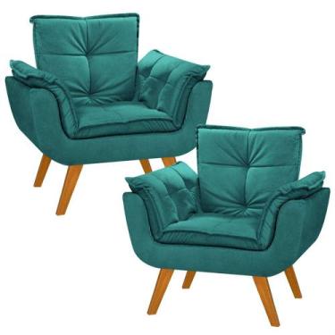 Imagem de Kit 2 Poltrona Decorativa Canoa Retrô Suede Azul Turquesa para Sala de