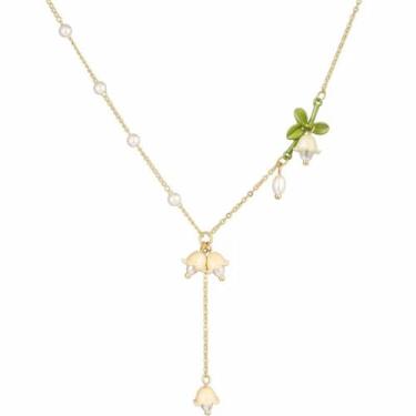 Imagem de Colar de flor de lírio do vale, brincos banhados a ouro, pingente de fada, lírio branco, flores de pérola de água doce, esmaltado, folhas verdes, borla, conjunto de joias para mulheres, casamento