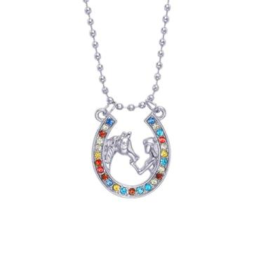 Imagem de WCRAZYE Colar de cavalo para mulheres, chique, fofo, brilhante, colorido, strass, cristal, arco-íris, material de corrida, para vaqueira, joias equestres, presentes para filha, neta, sobrinha, Mediun,