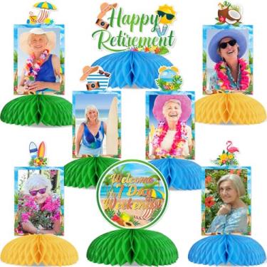 Imagem de Funmemoir Decorações tropicais de festa de aposentadoria – 8 peças de centro de centro de colmeia para fotos, verão praia, flamingo aposentado, havaiano, luau, feliz aposentadoria, despedida de